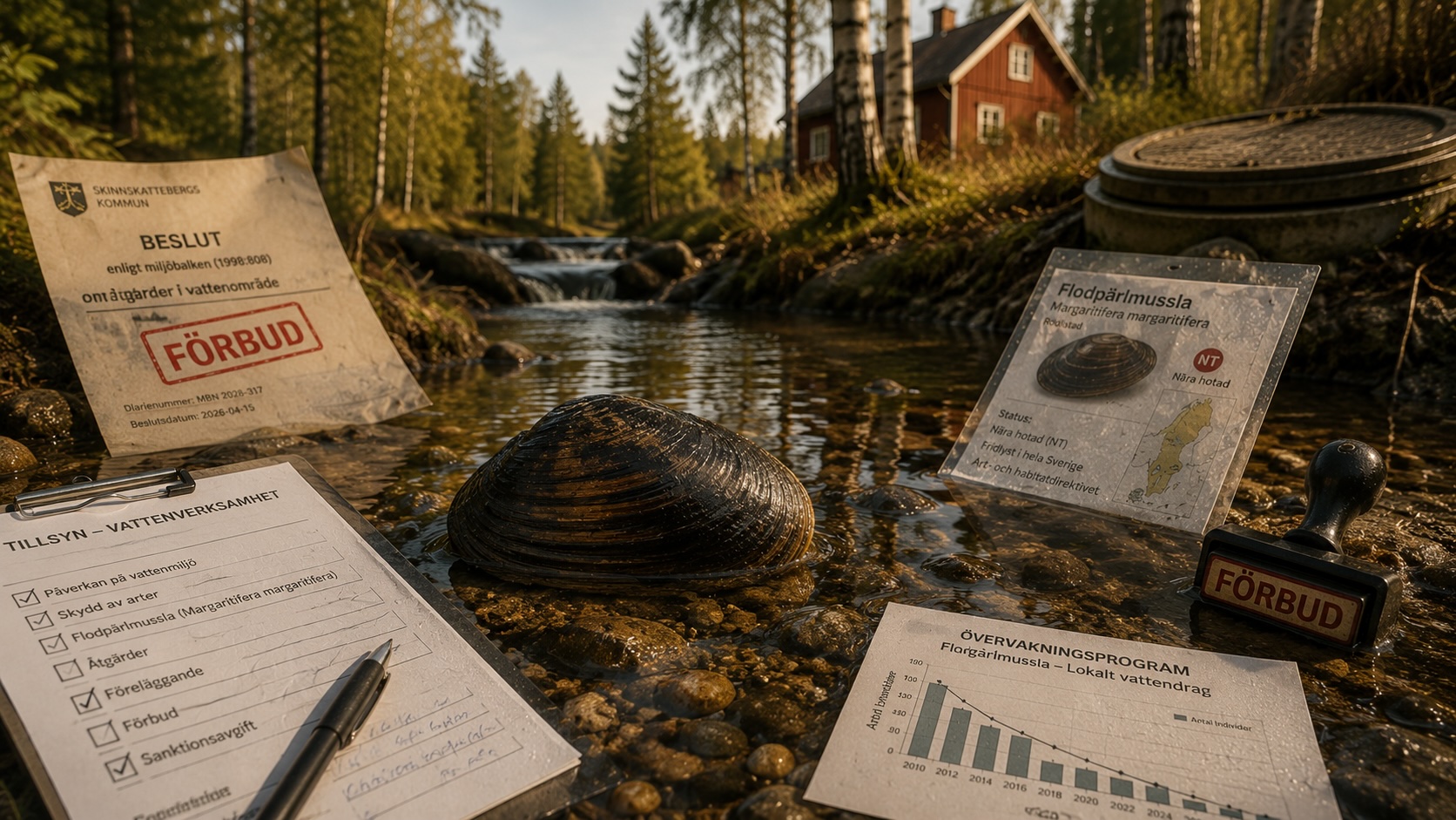 Flodpärlmussla i vattenström med kommunala dokument, grafer och beslutsstämplar runt omkring.
